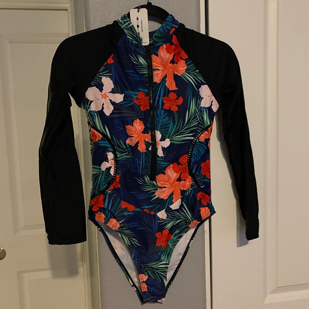 Tropical Floral Long Sleeve One Piece Swimsuit